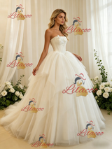 Beige White Tulle Strapless Wedding Dress