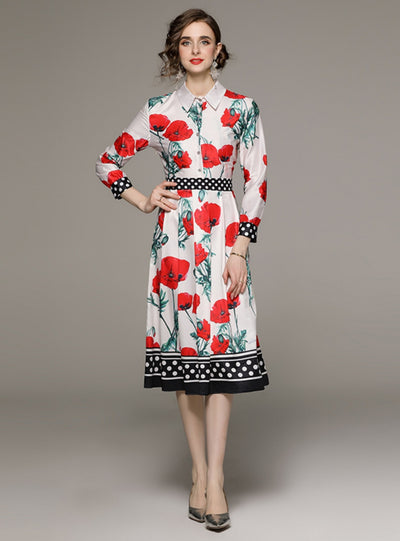 Retro Long Sleeve Lapel Slim Print Dress