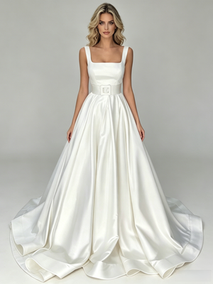 White Satin Straps Wedding Dress