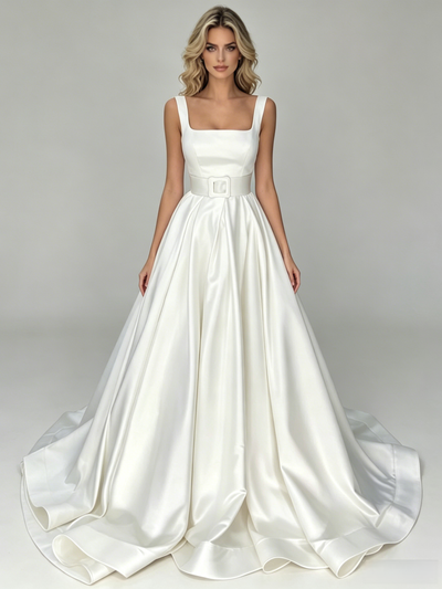 White Satin Straps Wedding Dress
