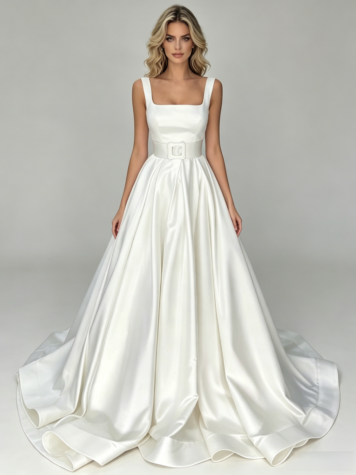 White Satin Straps Wedding Dress