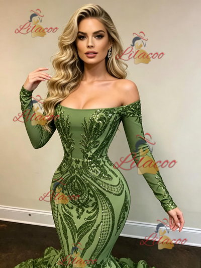 Green Sequins Long Sleeve Prom Dress