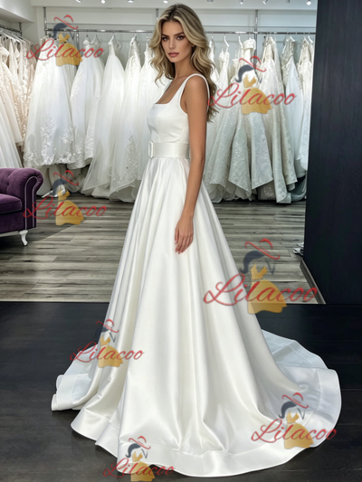 White Satin Straps Wedding Dress