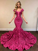 Fuchsia Mermaid Sequins Cap Sleeve Prom Dress
