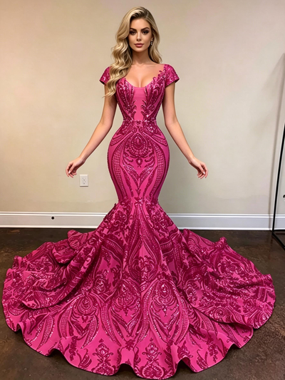 Fuchsia Mermaid Sequins Cap Sleeve Prom Dress