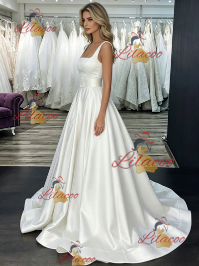 White Satin Straps Wedding Dress