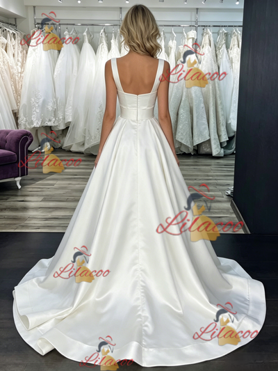 White Satin Straps Wedding Dress