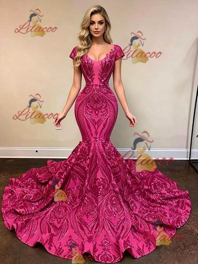 Fuchsia Mermaid Sequins Cap Sleeve Prom Dress