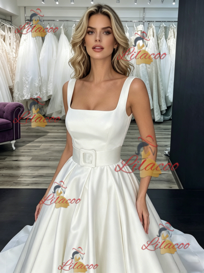 White Satin Straps Wedding Dress