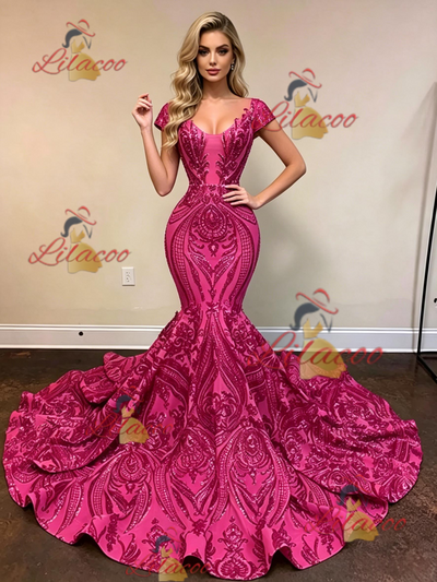 Fuchsia Mermaid Sequins Cap Sleeve Prom Dress