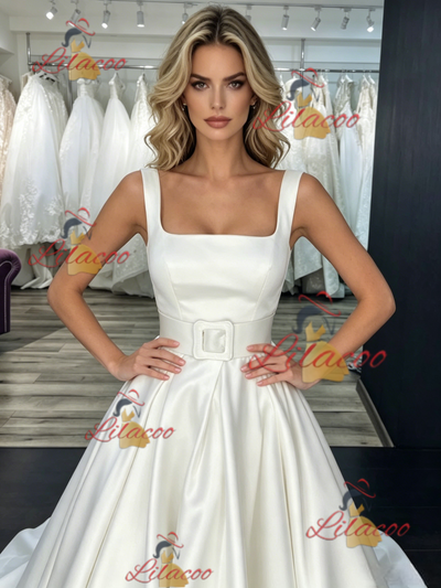 White Satin Straps Wedding Dress