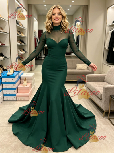 Green Mermaid Long Sleeve Prom Dress