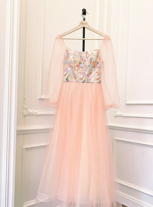 Orange Tulle Long Sleeve Sequins Prom Dress
