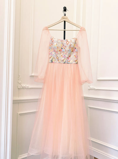 Orange Tulle Long Sleeve Sequins Prom Dress
