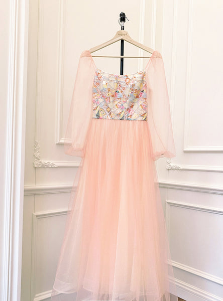 Orange Tulle Long Sleeve Sequins Prom Dress