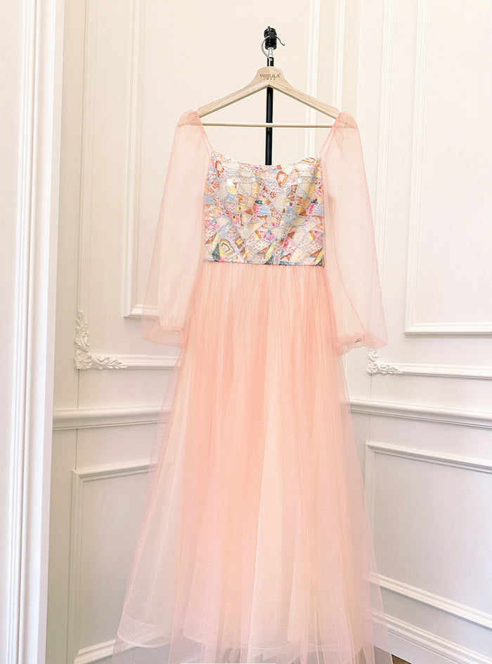 Orange Tulle Long Sleeve Sequins Prom Dress