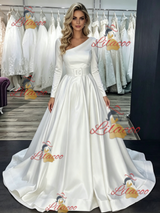 White Satin One Shoulder Long Sleeve Wedding Dress