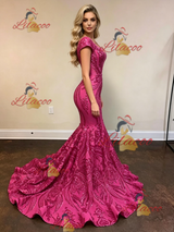 Fuchsia Mermaid Sequins Cap Sleeve Prom Dress