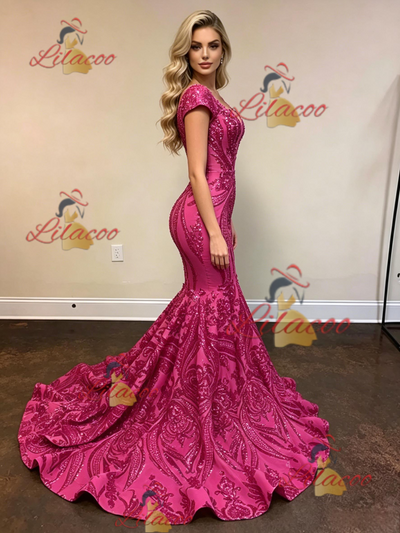 Fuchsia Mermaid Sequins Cap Sleeve Prom Dress