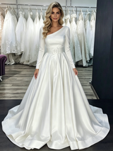White Satin One Shoulder Long Sleeve Wedding Dress