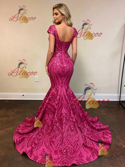 Fuchsia Mermaid Sequins Cap Sleeve Prom Dress