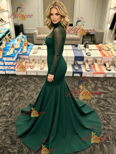 Green Mermaid Long Sleeve Prom Dress