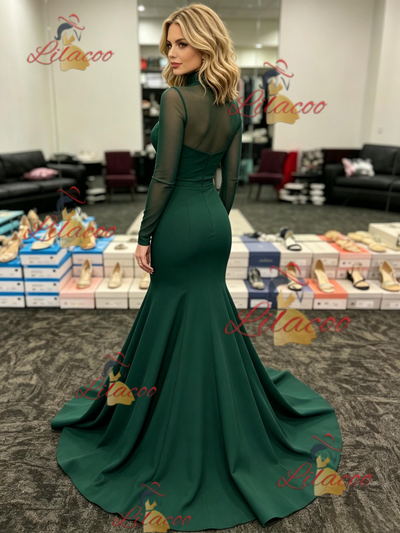Green Mermaid Long Sleeve Prom Dress