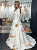 White Satin One Shoulder Long Sleeve Wedding Dress