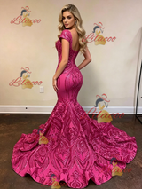 Fuchsia Mermaid Sequins Cap Sleeve Prom Dress