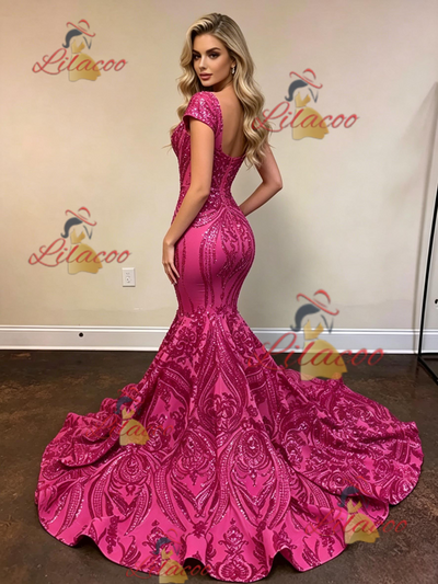 Fuchsia Mermaid Sequins Cap Sleeve Prom Dress