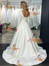 White Satin One Shoulder Long Sleeve Wedding Dress