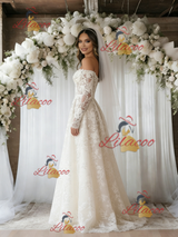 Beige White Tulle Lace Long Sleeve Wedding Dress