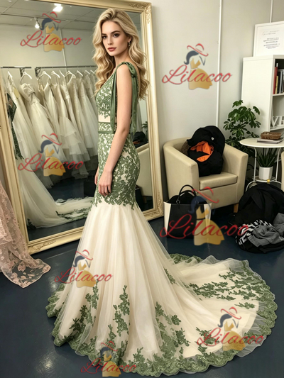 Mermaid Tulle Appliques V-neck Prom Dress