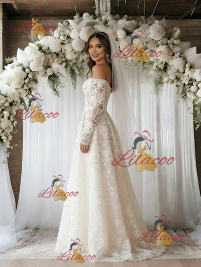 Beige White Tulle Lace Long Sleeve Wedding Dress
