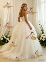 Beige White Tulle Strapless Wedding Dress
