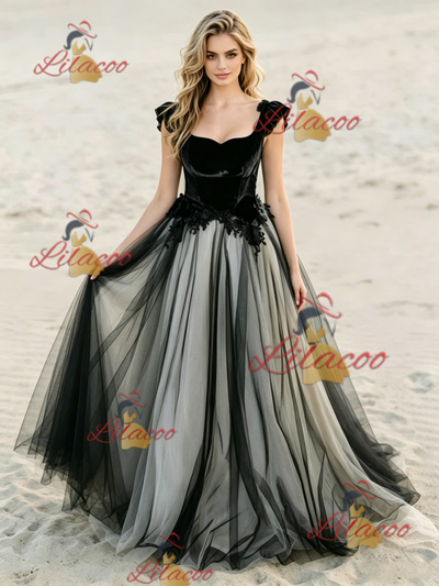 Black Tulle Appliques Wedding Dress