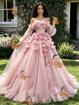 Pink Tulle LOng Sleeve 3D Flower Quinceanera Dress