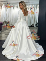White Satin One Shoulder Long Sleeve Wedding Dress