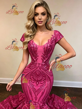 Fuchsia Mermaid Sequins Cap Sleeve Prom Dress
