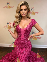 Fuchsia Mermaid Sequins Cap Sleeve Prom Dress