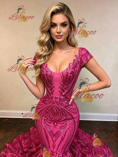 Fuchsia Mermaid Sequins Cap Sleeve Prom Dress