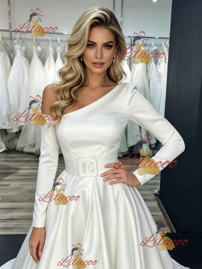White Satin One Shoulder Long Sleeve Wedding Dress