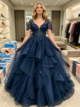 Navy Blue Tulle V-neck Short Sleeve Prom Dress