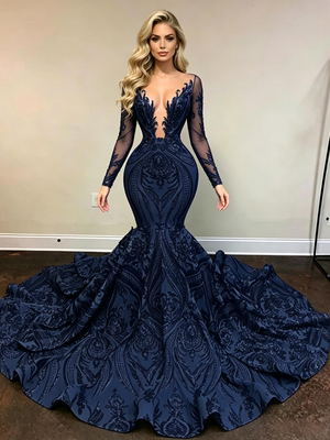 Navy Blue Mermaid Sequins Long Sleeve Prom Dress