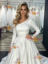 White Satin One Shoulder Long Sleeve Wedding Dress