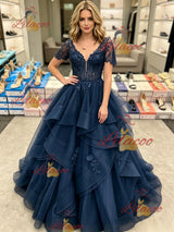 Navy Blue Tulle V-neck Short Sleeve Prom Dress