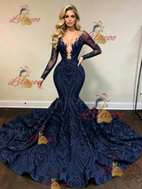 Navy Blue Mermaid Sequins Long Sleeve Prom Dress