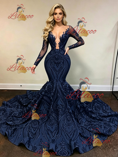 Navy Blue Mermaid Sequins Long Sleeve Prom Dress