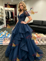 Navy Blue Tulle V-neck Short Sleeve Prom Dress