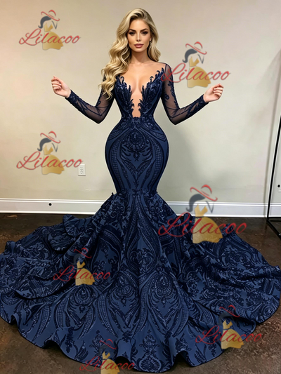 Navy Blue Mermaid Sequins Long Sleeve Prom Dress